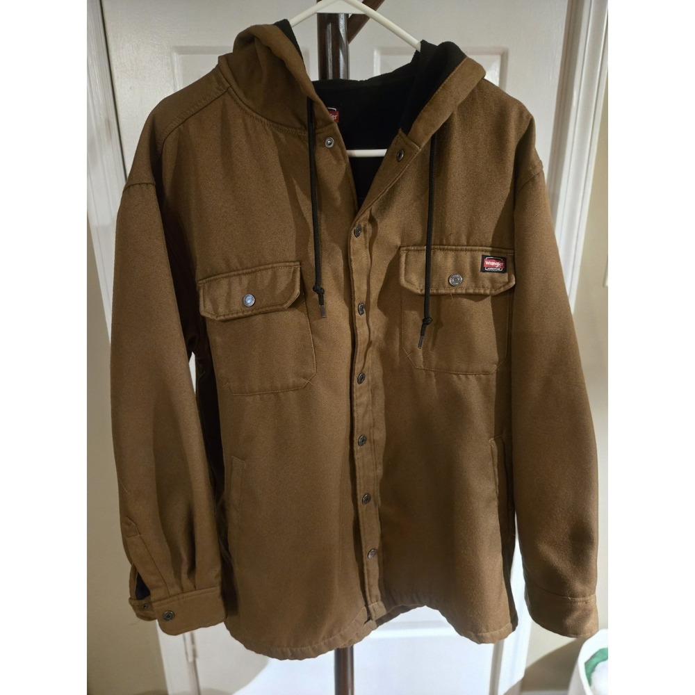Wrangler Workwear Duck Canvas Hooded Shirt Jacket Brown Fleece Lined Hooded Larg